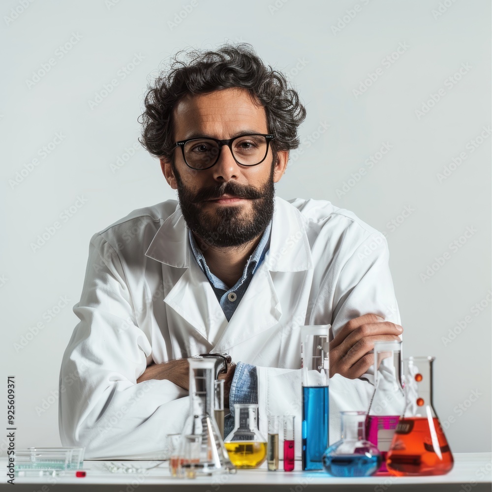Confident Chemist: A focused scientist with a beard and glasses gazes intently at the camera, arms crossed, surrounded by colorful beakers and flasks, lab coat Confident Chemist: A focused scientist with a beard and glasses gazes intently at the camera, arms crossed, surrounded by colorful beakers and flasks, lab coat