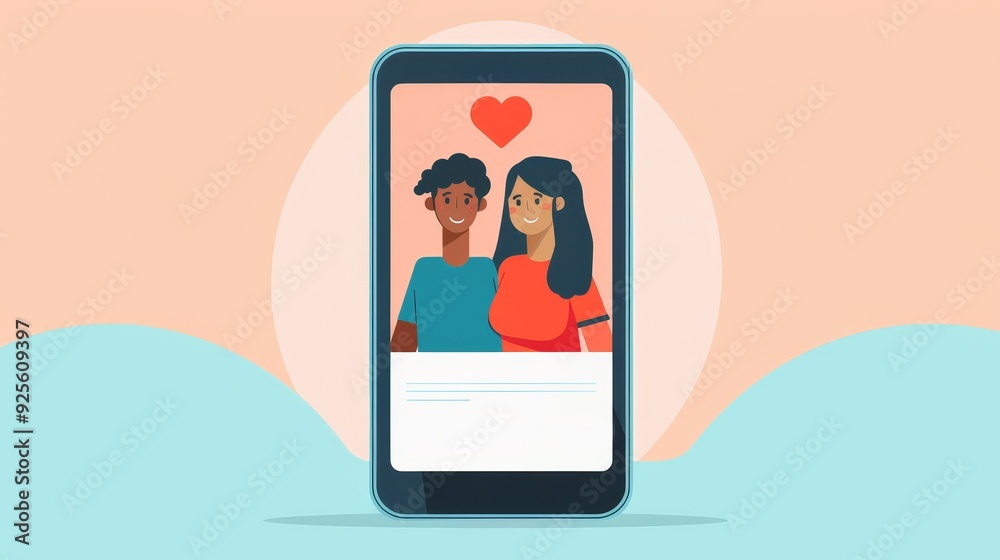 Illustration of a couple smiling on a mobile phone screen. Heart symbol above them, symbolizing romance and connection in a digital age. Illustration of a couple smiling on a mobile phone screen. Heart symbol above them, symbolizing romance and connection in a digital age.