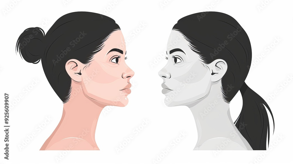 Illustration of a woman facing another monochrome version of herself, showcasing differences in appearance. Ideal for identity concept visuals. Illustration of a woman facing another monochrome version of herself, showcasing differences in appearance. Ideal for identity concept visuals.