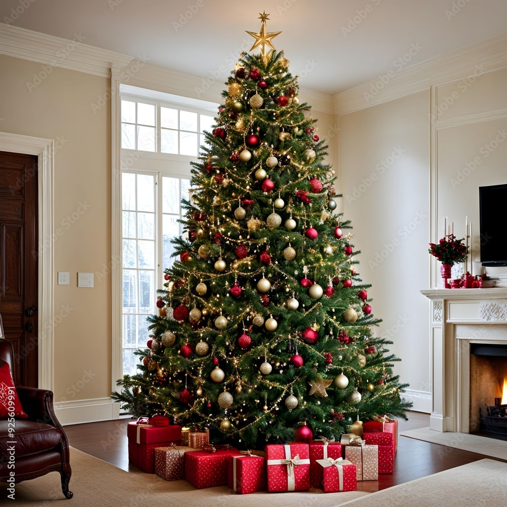 Festive Christmas Tree with Sparkling Lights and Ornaments. Festive Christmas Tree with Sparkling Lights and Ornaments.