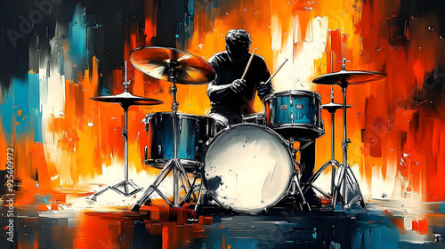 A vibrant painting of a drummer performing against a colorful backdrop. photo