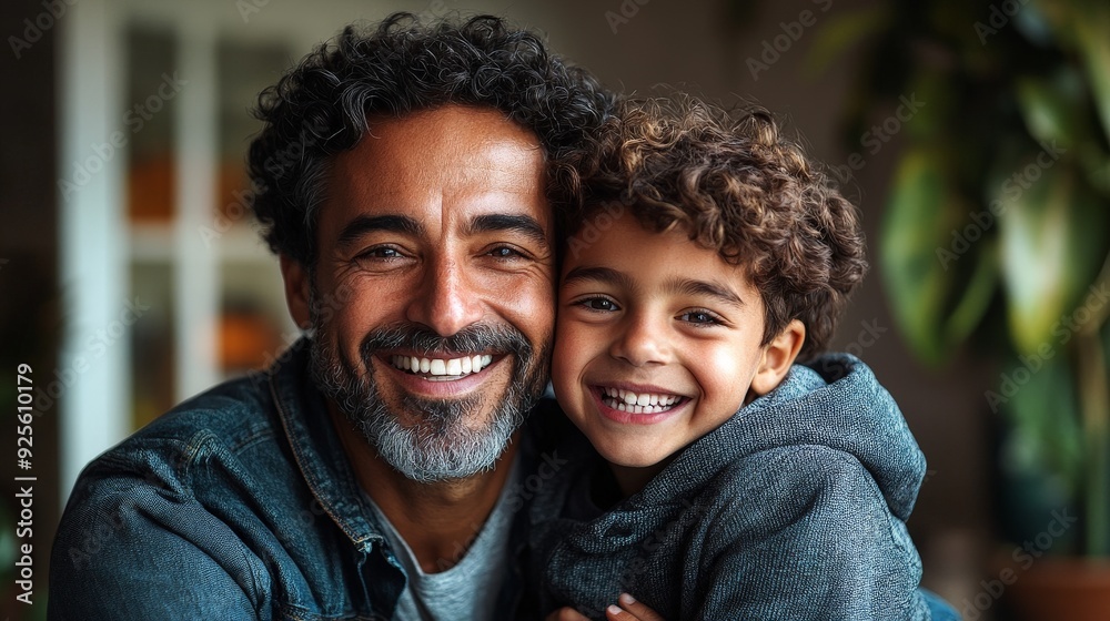 Portrait of a happy father and son hugging with care Portrait of a happy father and son hugging with care