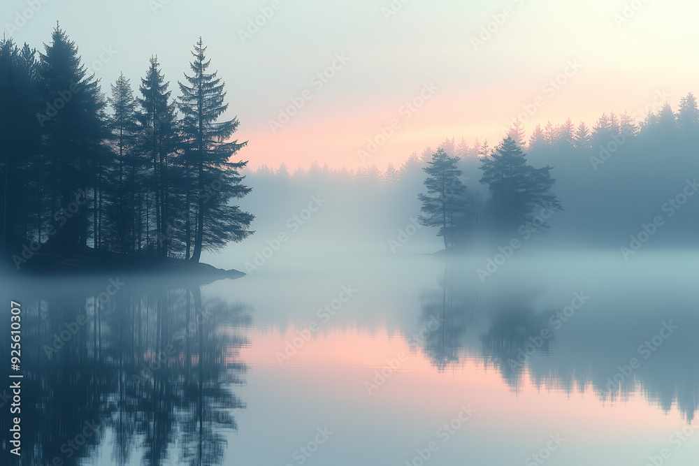 Misty Lake Sunrise - Tranquil Forest Reflections Misty Lake Sunrise - Tranquil Forest Reflections