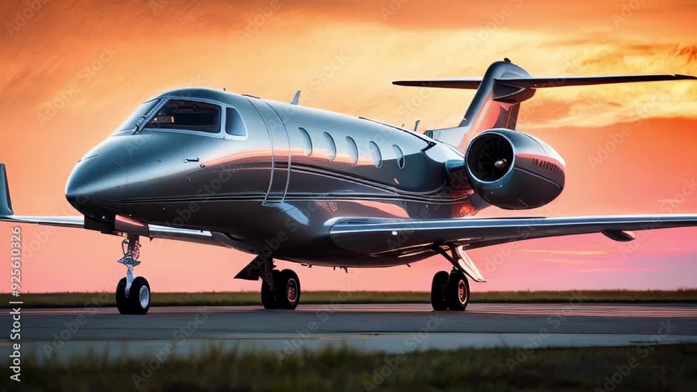 private jet is parked on a runway, set against a vibrant sunset with shades of orange, pink, and purple. Luxury travel and vacation concept private jet is parked on a runway, set against a vibrant sunset with shades of orange, pink, and purple. Luxury travel and vacation concept
