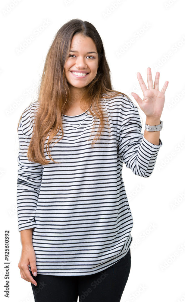 Young beautiful brunette woman wearing stripes sweater over isolated background showing and pointing up with fingers number five while smiling confident and happy. Young beautiful brunette woman wearing stripes sweater over isolated background showing and pointing up with fingers number five while smiling confident and happy.
