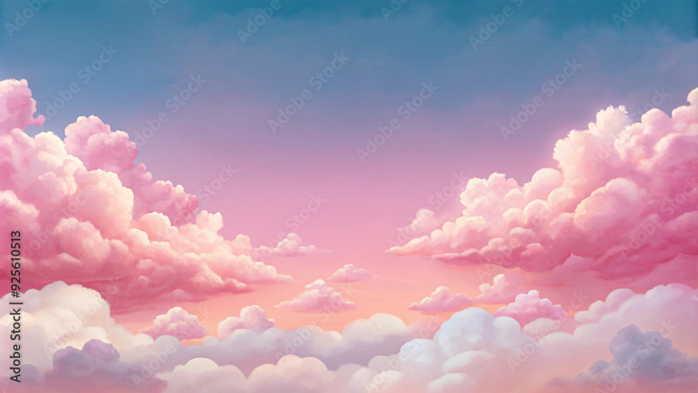 Fluffy white cumulus dance in a boundless pink sky, casting playful shadows on a sun-drenched summer day Fluffy white cumulus dance in a boundless pink sky, casting playful shadows on a sun-drenched summer day