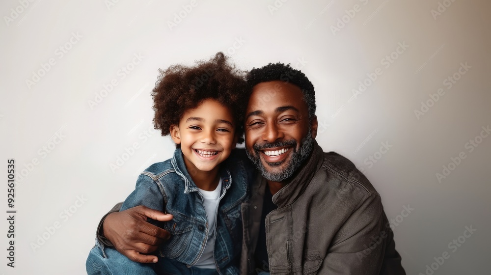 Portrait of a happy father and son hugging with care Portrait of a happy father and son hugging with care