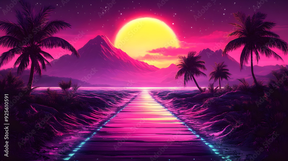 Fototapeta premium A vibrant sunset landscape with palm trees and a reflective pathway.