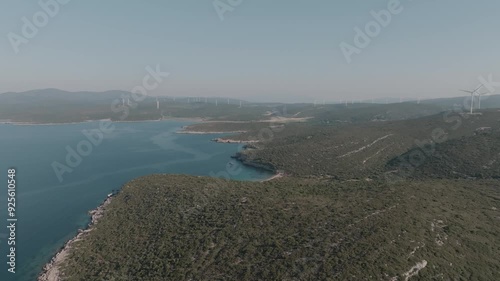 A breathtaking aerial view of a coastal landscape, showcasing the expansive coastline with dense forests meeting the deep blue waters of the sea, illustrating the harmony of nature. photo