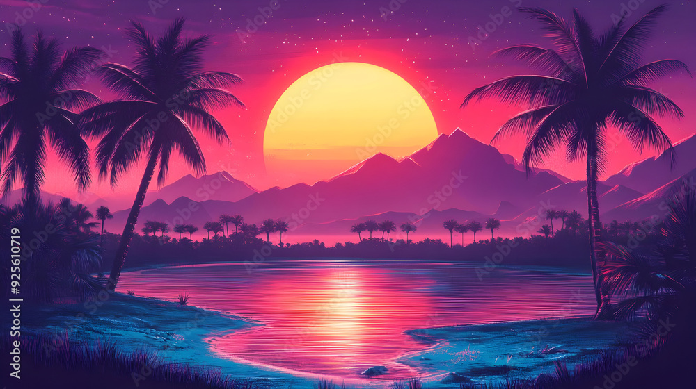 A vibrant sunset over a tranquil lake surrounded by palm trees and mountains. A vibrant sunset over a tranquil lake surrounded by palm trees and mountains.