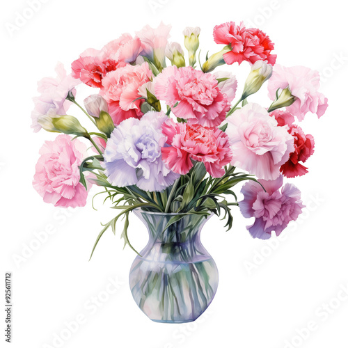 Watercolor Isolated Pastel Carnations in a Glass Vase