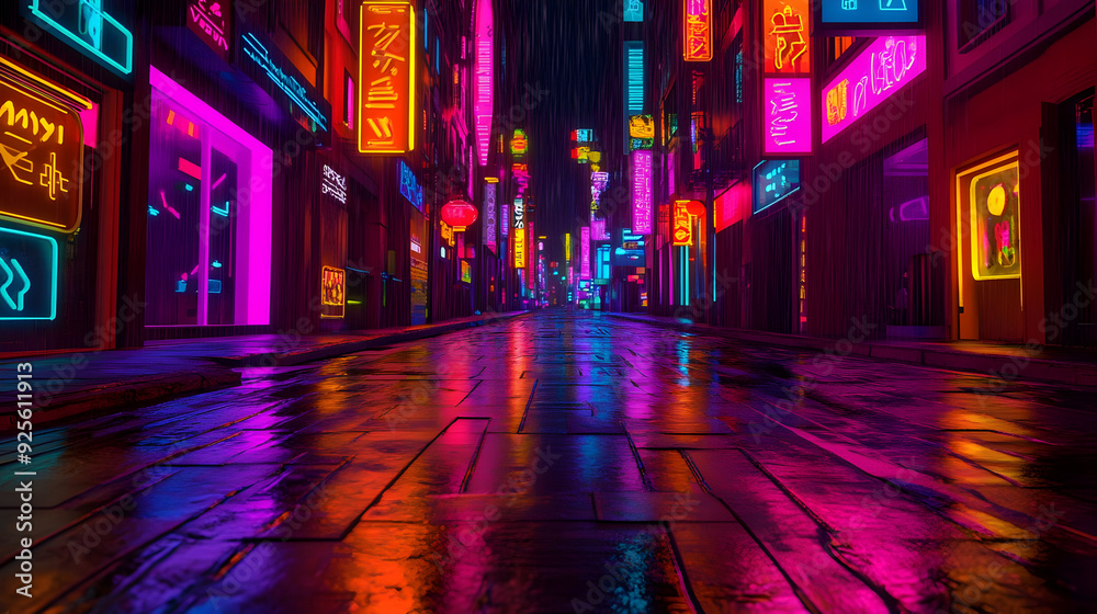 A vibrant, neon-lit alley reflecting rain in a futuristic city. A vibrant, neon-lit alley reflecting rain in a futuristic city.