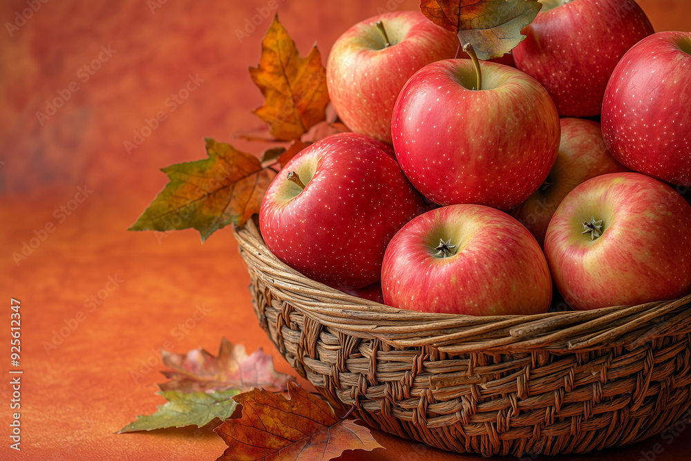 Fresh Red Apples in a Basket with Autumn Leaves