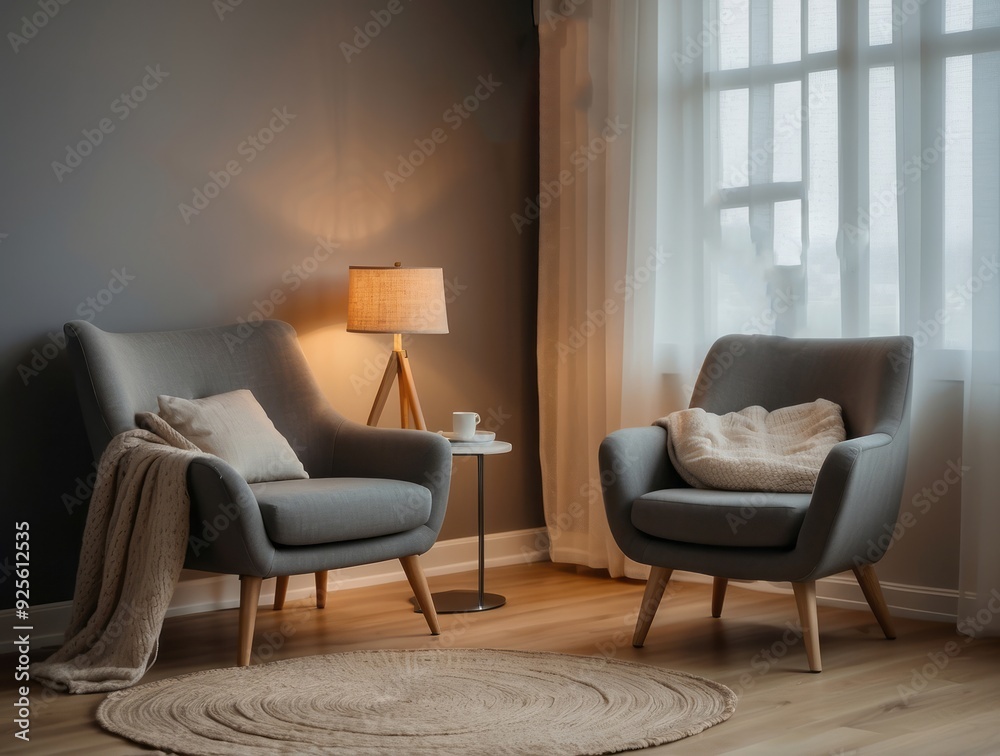 Two Armchairs in a Cozy Living Room with a Lamp and a Rug Two Armchairs in a Cozy Living Room with a Lamp and a Rug