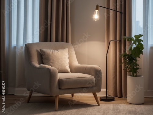 Cozy Living Room with Armchair  Floor Lamp  and Plant