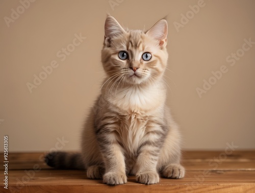 A Light-Colored Kitten with Blue Eyes Sitting on a Wooden Surface