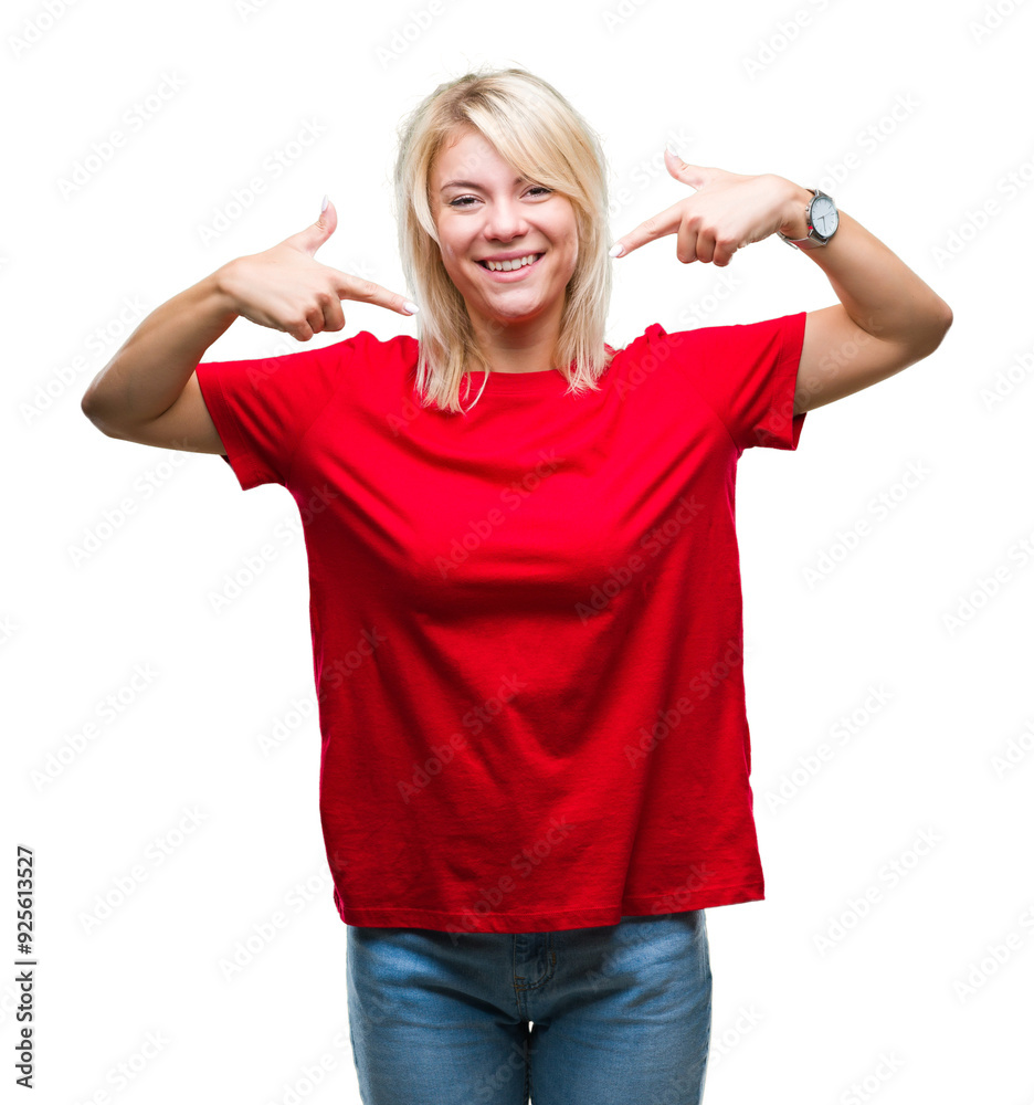Young beautiful blonde woman wearing red t-shirt over isolated background smiling confident showing and pointing with fingers teeth and mouth. Health concept. Young beautiful blonde woman wearing red t-shirt over isolated background smiling confident showing and pointing with fingers teeth and mouth. Health concept.