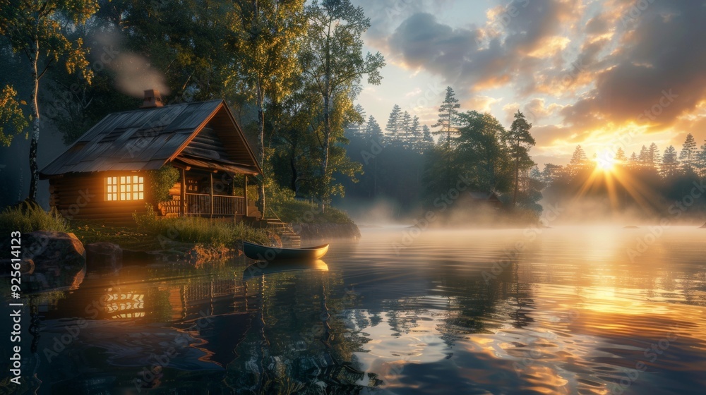 Fototapeta premium beautiful sunrise on a lake with fog surrounded by forest and a cabin