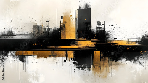 Abstract artwork featuring black and gold geometric shapes.