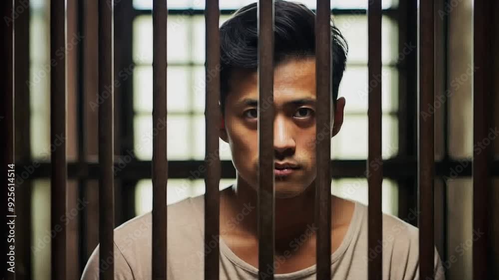 Man in prison jail cell serious face Man in prison jail cell serious face