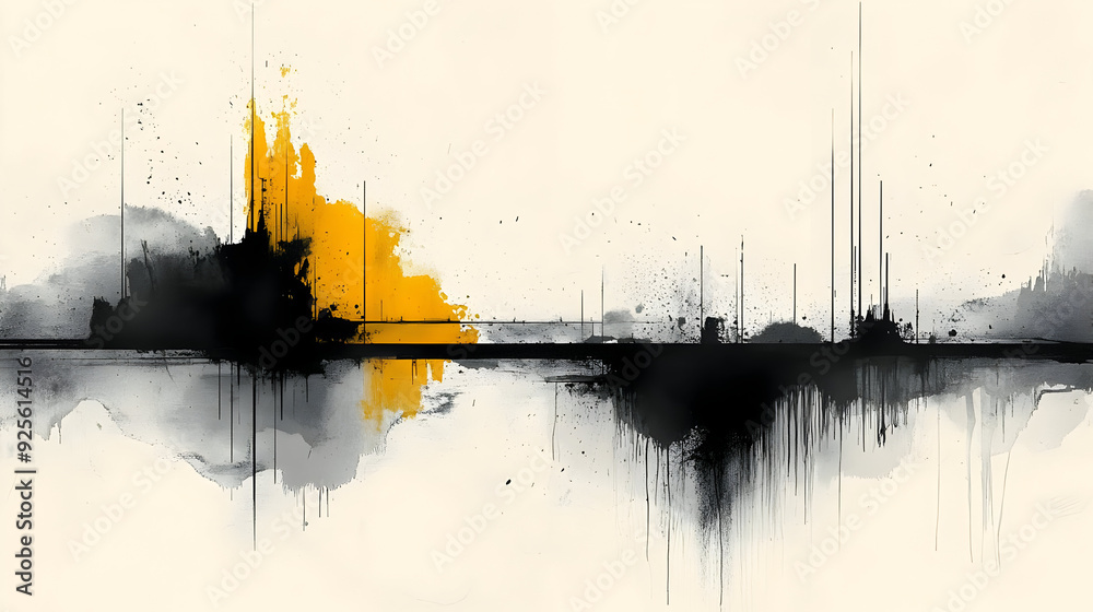 Abstract artwork featuring black and yellow splashes on a light background, evoking emotion. Abstract artwork featuring black and yellow splashes on a light background, evoking emotion.