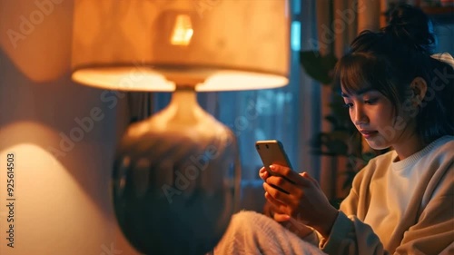 Young woman using her smartphone to adjust smart home devices in a cozy living room, controlling lights and temperature with ease.