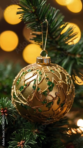 Christmas theme design - golden ornaments and pine tree leaves with bokeh lights on background - new year and celebration concept photo