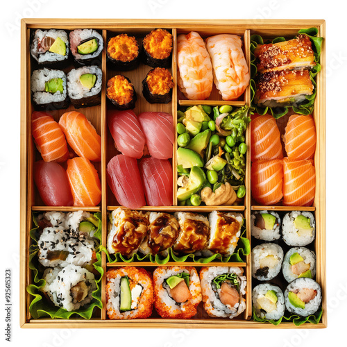 Top view a wooden bento box knolling plenty of bento ingredients and sushi isolated on transparent white background, clipping path