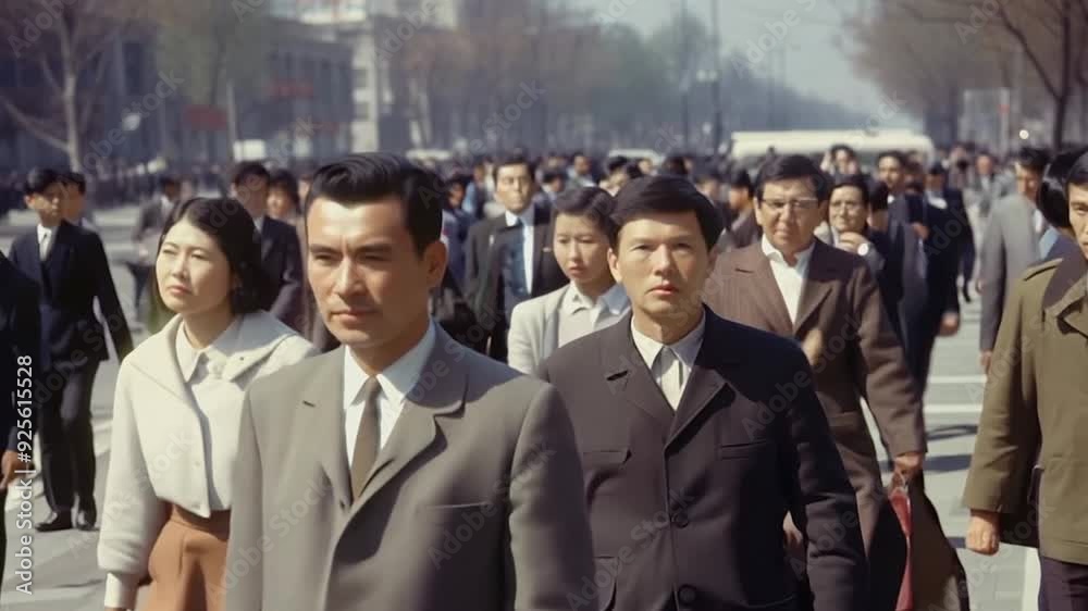 Asian people walking on a street in 1970s