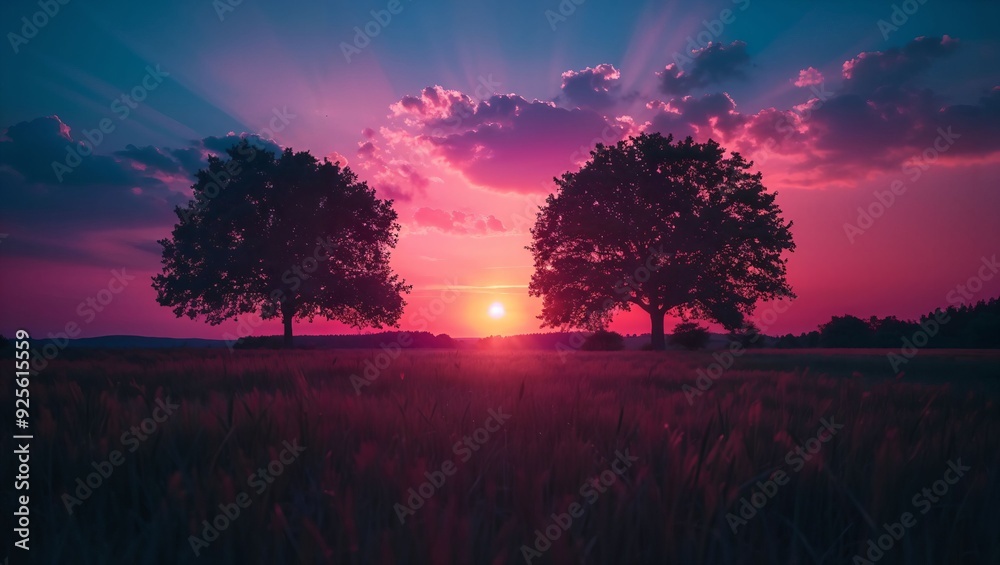 Breathtaking Twilight: Golden Sun Descends Behind Trees, Illuminating a Vibrant Landscape with Shades of Pink and Purple, Creating an Enchanting Atmosphere of Peace and Serenity.