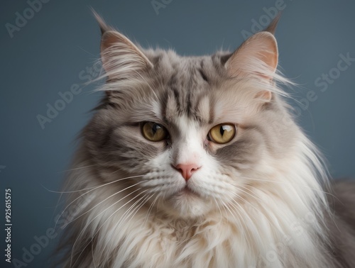 Close-up Portrait of a Fluffy Grey and White Cat with Yellow Eyes