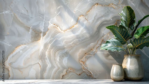 A Stunning Display of Nature and Luxury: Green Leaves Embrace the Golden Veins of Sophisticated Marble in this Contemporary Interior Space, Exuding Calmness and Style. photo