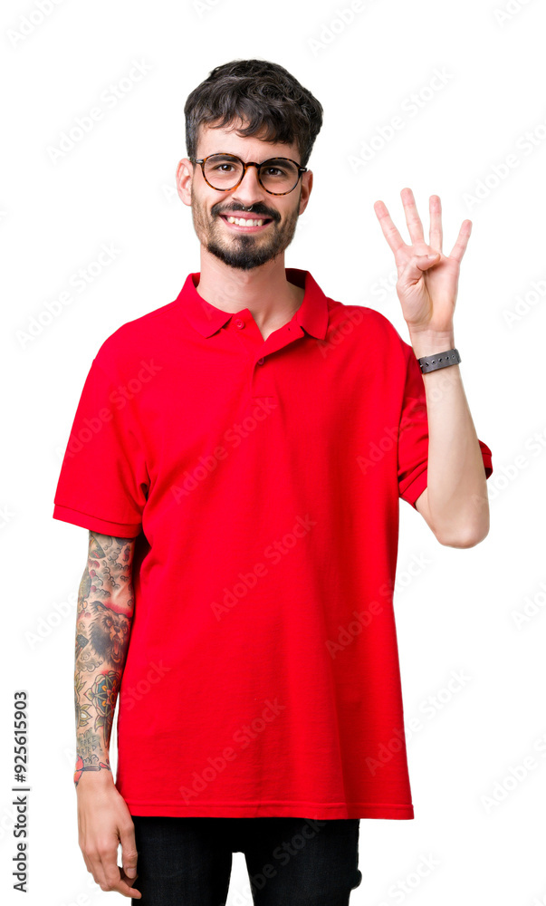 Young handsome man wearing glasses over isolated background showing and pointing up with fingers number four while smiling confident and happy. Young handsome man wearing glasses over isolated background showing and pointing up with fingers number four while smiling confident and happy.