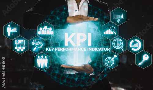 KPI Key Performance Indicator for Business Concept - Modern graphic interface showing symbols of job target evaluation and analytical numbers for marketing KPI management. uds photo