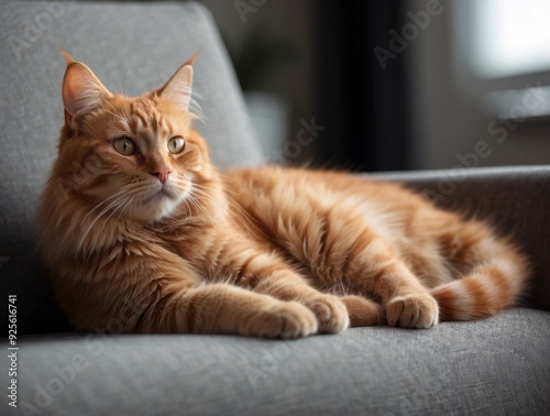 Ginger Cat Relaxing on a Grey Sofa