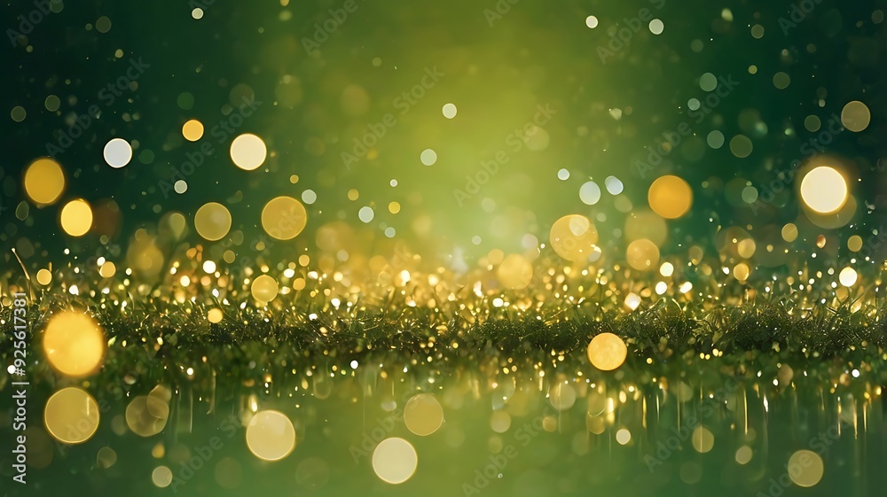 Obraz premium Green and golden bokeh lights background illustration wallpaper design, celebration, new year, christmas, ceremony and anniversaries
