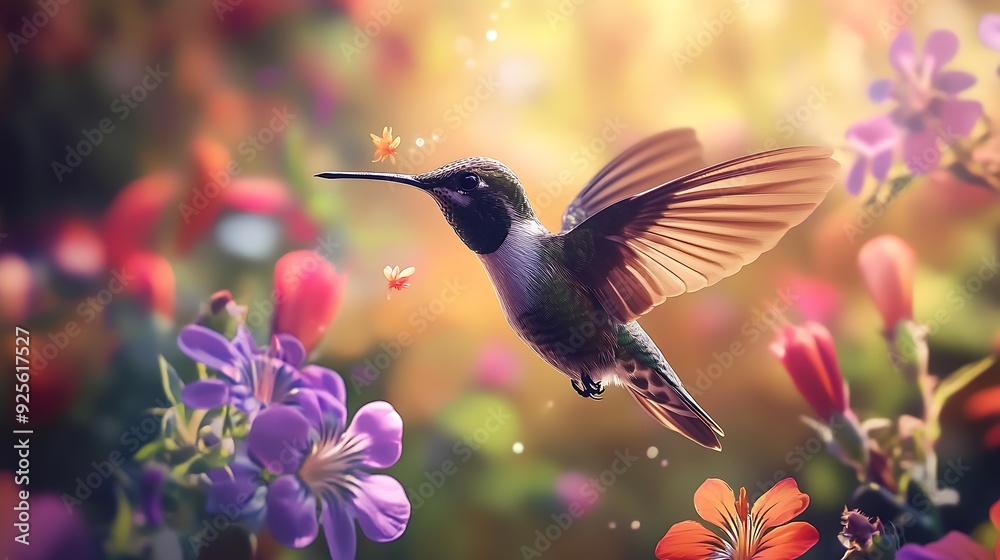Hummingbird in Flight Over a Field of Flowers Hummingbird in Flight Over a Field of Flowers