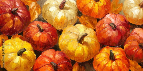 Oil painting of a background with yellow, orange, and red pumpkins photo