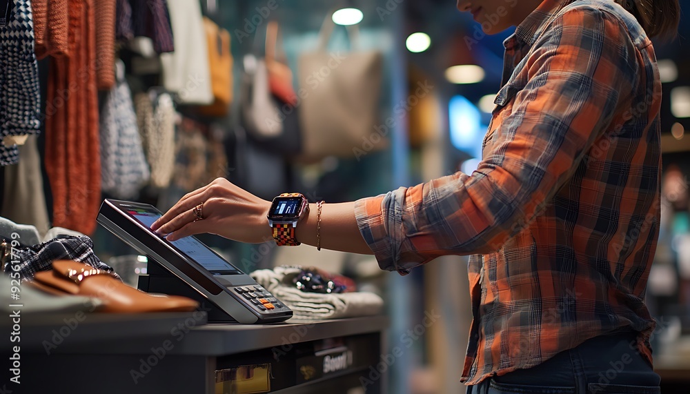 Naklejka premium Shop Owner Using Smartwatch for Payment in Stylish Boutique