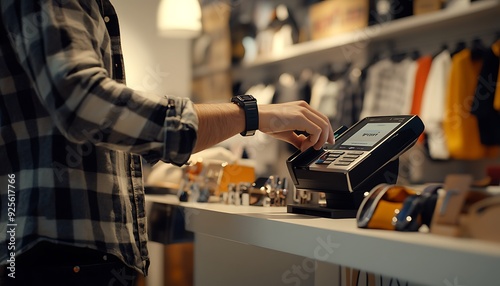 Shop Owner Using Smartwatch for Payment in Stylish Boutique