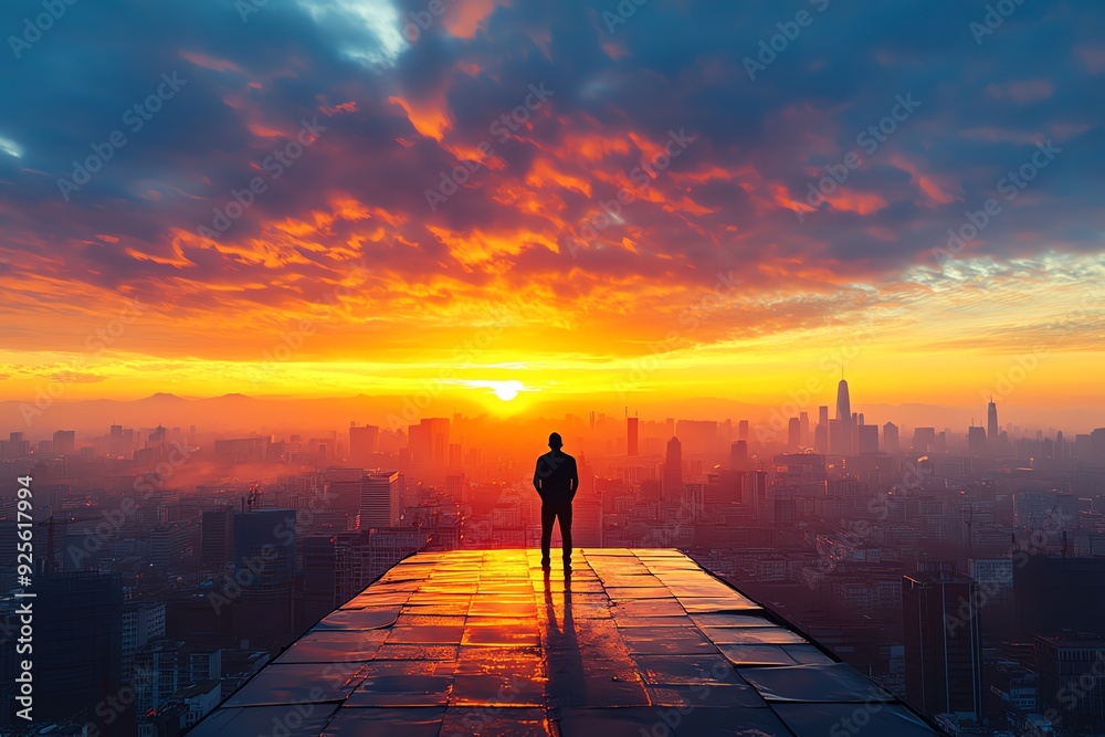 Fototapeta premium A sunrise over a cityscape, with a figure standing on a rooftop taking a deep breath, symbolizing finding motivation amidst exhaustion and burnout