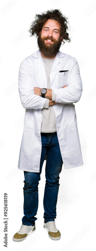 Crazy scientist with funny long hair happy face smiling with crossed arms looking at the camera. Positive person. Crazy scientist with funny long hair happy face smiling with crossed arms looking at the camera. Positive person.