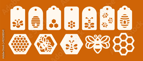 Set of gift tags shapes with bee and honey. Vector templates for cutting. Craft paper and cardboard labels cut files