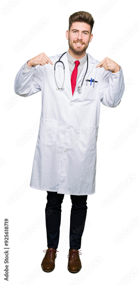 Young handsome doctor man wearing medical coat looking confident with smile on face, pointing oneself with fingers proud and happy. Young handsome doctor man wearing medical coat looking confident with smile on face, pointing oneself with fingers proud and happy.