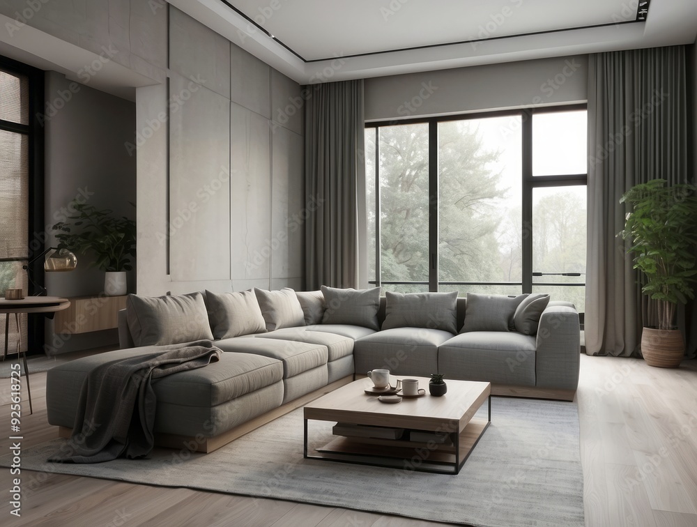 Fototapeta premium Modern Living Room with Grey Sectional Sofa and Large Windows