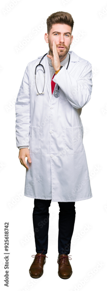 Young handsome doctor man wearing medical coat hand on mouth telling secret rumor, whispering malicious talk conversation Young handsome doctor man wearing medical coat hand on mouth telling secret rumor, whispering malicious talk conversation