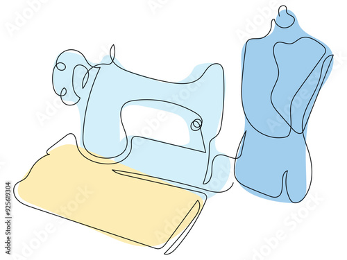A sewing machine and dress form are positioned next to a roll of yellow fabric in a bright, artistic setting.