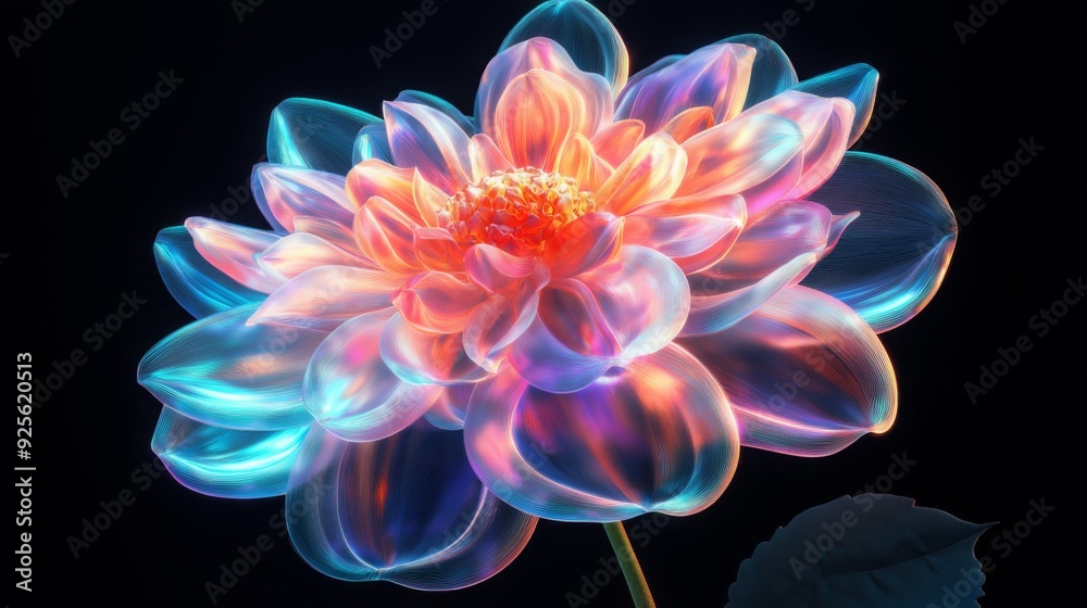 Fototapeta premium Chrome liquid metal dahlia flower. 3D render, modern design. Isolated holographic futuristic floral icon. Y2K, brutalism retro futurism concept.