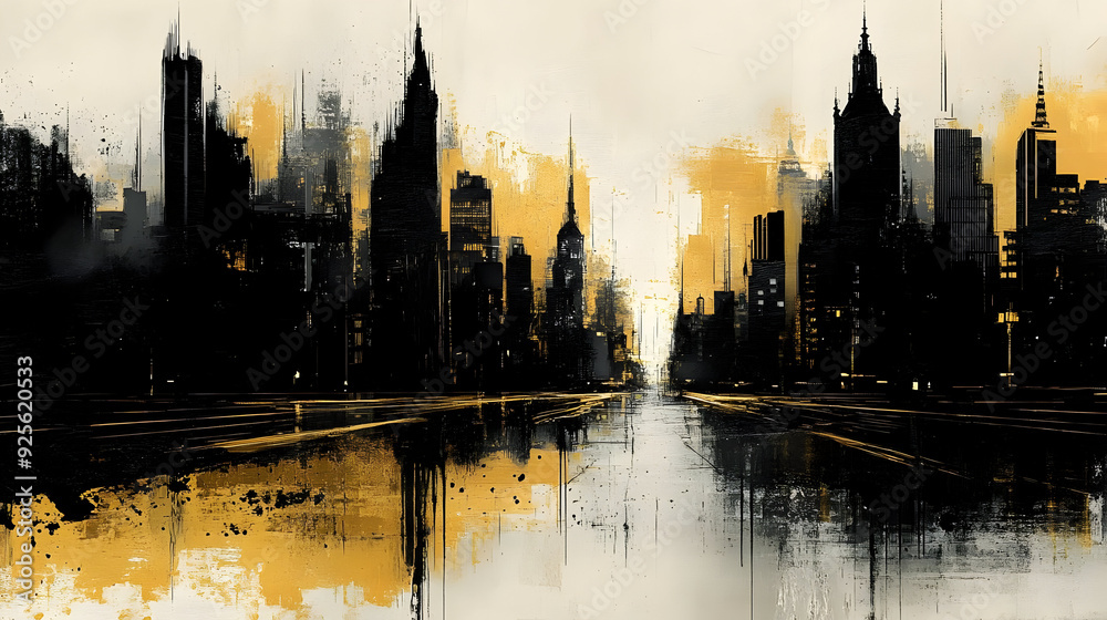 Obraz premium Abstract cityscape with yellow accents and reflective water.