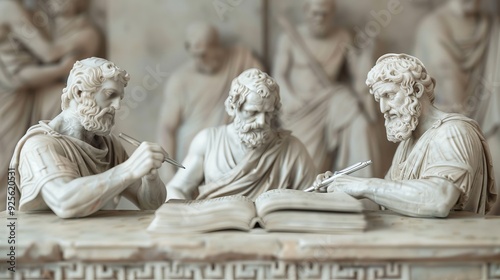 Close-up of ancient Greek philosophers' marble sculptures discussing and reading a book, symbolizing wisdom, knowledge, and history.